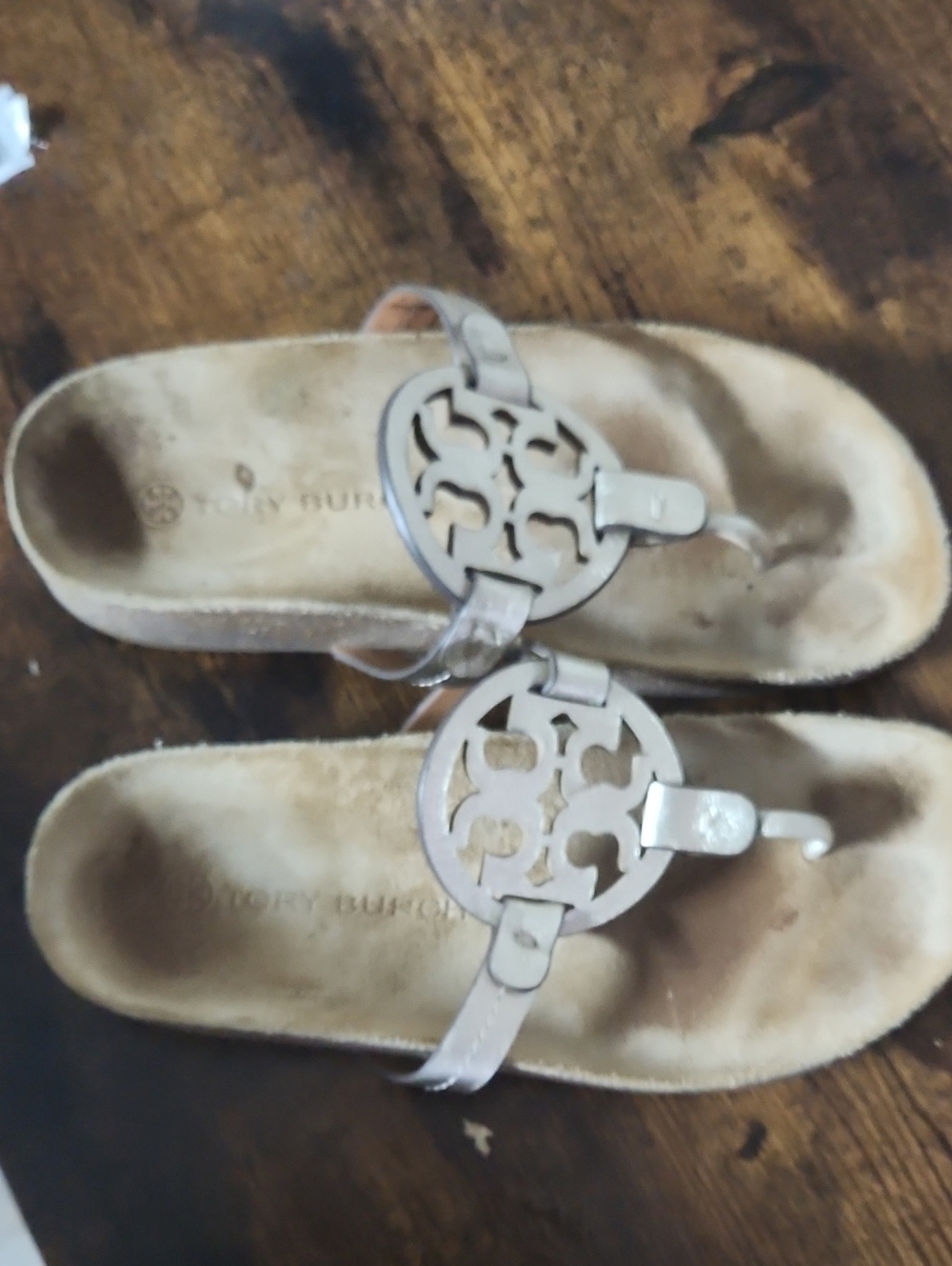 Tory Burch Metallic Silver Logo Cutout Thong Sandals